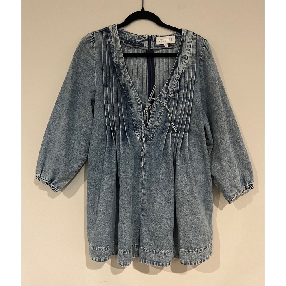 VEVERET Denim Pinafore Dress with Lace Up Neck and Pleated Front Size M